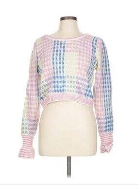 Sincerely Ours Pastel Checkered Gingham Crop Sweater Large Multicolor Plaid L